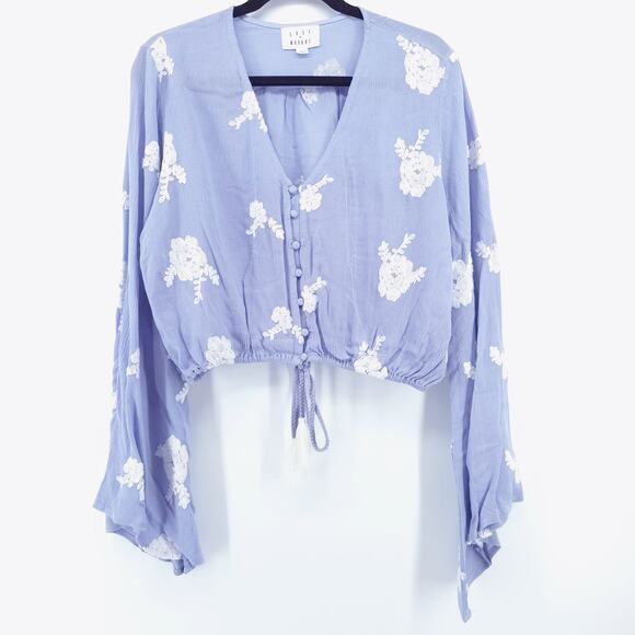 Boho Fairycore Romantic CropTop Buttondown White Floral Embroidery Bell Sleeve L - Picture 1 of 11